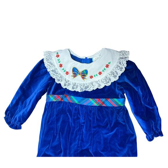Vintage 80s Blue Velvet Toddler Christmas Romper One Piece Suit 18 Months Lace - Picture 2 of 7